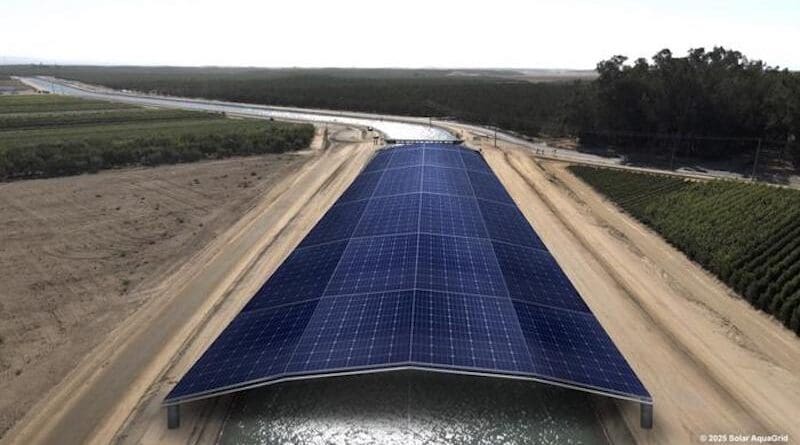 Artist’s rendition of Project Nexus wide span site — the state’s first solar canal pilot — under construction in California’s Central Valley with Turlock Irrigation District. Credit: Solar AquaGrid