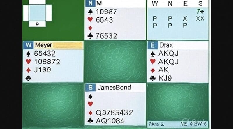 James Bond 'Moonraker' bridge hand 7 Clubs doubled redoubled. Image: Generated by Grok