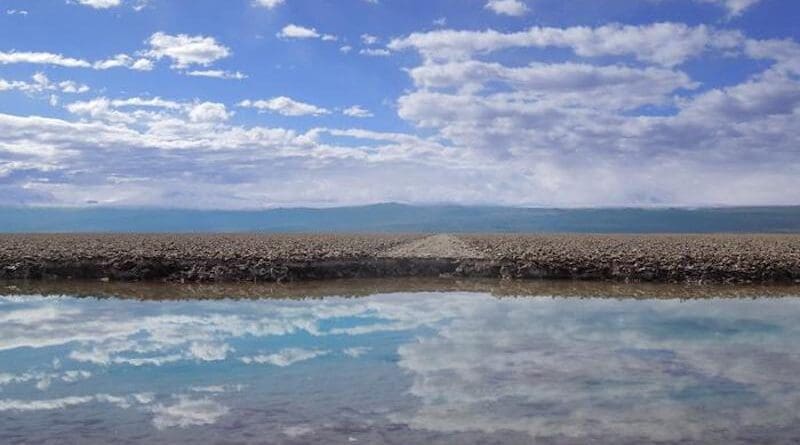An abandoned road and brine transitional pool at the margin of the Salar de Atacama Halite Nucleus. Credit: UMass Amherst