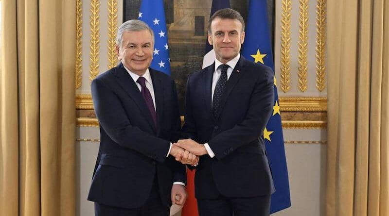 Uzbekistan's President Shavkat Mirziyoyev with France's President Emmanuel Macron. Photo Credit: Shavkat Mirziyoyev Press Service, X