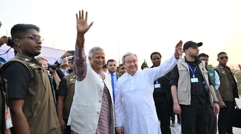 Bangladesh Chief Adviser Muhammad Yunus (second from left) and United Nations Secretary-General António Guterres wave to Rohingya during their visit to a refugee camp in Cox’s Bazar, Bangladesh, March 14, 2025. Photo Credit: Courtesy Press Wing of the Chief Adviser