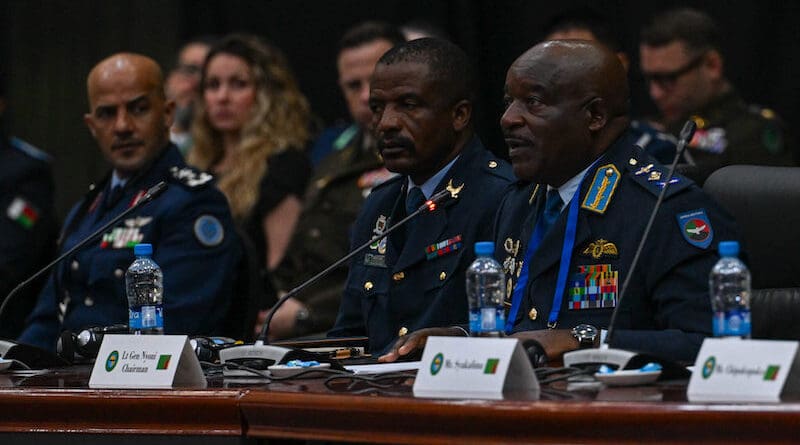 Zambia Air Force Commander Lt. Gen. Oscar Nyoni, right, speaks during the opening ceremony of the 14th African Air Chiefs Symposium in Lusaka, Zambia, on February 17. SENIOR AIRMAN SELEENA MUHAMMAD-ALI/U.S. AIR FORCE