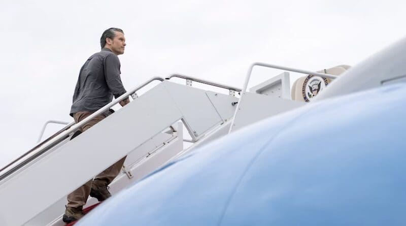 Defense Secretary Pete Hegseth departs Joint Base Andrews, Md., with Vice President JD Vance to assess the operational control of the U.S.-Mexico border in Laredo, Texas, March 5, 2025. Photo Credit: Navy Petty Officer 1st Class Alexander C. Kubitza, DOD