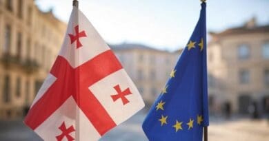 Flags of Georgia and the European Union. Image generated by Grok