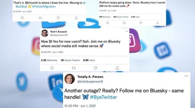 A collage of entirely fictional users announcing their migration from Twitter to Bluesky. CREDIT: Dorian Quelle