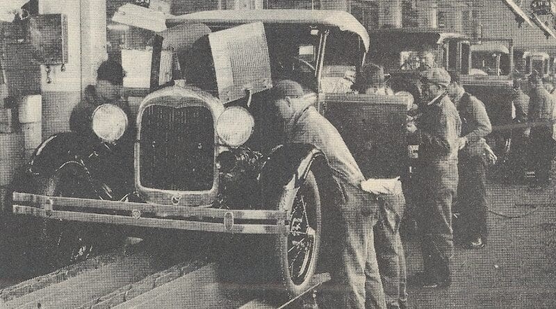 Ford Motor Company assembly line. Photo Credit: Author unknown, Literary Digest, Wikimedia Commons