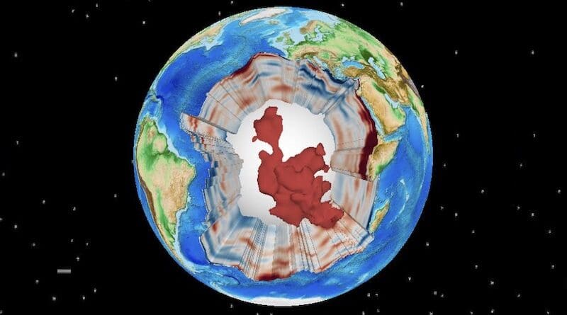 Visualisation of seismic model S40RTS (Ritsema et al., 2011), showing the LLVP (large red area) under Africa, made using the GPlates software. Credit: Jeroen Ritsema et al.