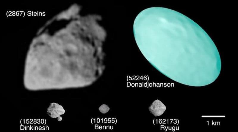 This artist’s concept compares the approximate size of Lucy’s next asteroid target, Donaldjohanson, to the smallest main belt asteroids previously visited by spacecraft — Dinkinesh, visited by Lucy in November 2023, and Steins — as well as two recently explored near-Earth asteroids, Bennu and Ryugu. Lucy, an SwRI-led NASA mission, plans to visit 11 asteroids in 12 years, culminating in the first encounters with Jupiter’s Trojan asteroids. CREDIT SwRI/ESA/OSIRIS/NASA/Goddard/Johns Hopkins APL/NOIRLab/University of Arizona/JAXA/University of Tokyo & Collaborators