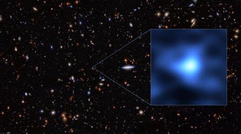 This image shows the precise location in the night sky of the galaxy JADES-GS-z14-0, an extremely tiny dot in the Fornax constellation. As of today, this is the most distant confirmed galaxy we know of. Its light took 13.4 billion years to reach us and shows the conditions of the Universe when it was only 300 million years old. The inset of the image shows a close-up of this primordial galaxy as seen with the Atacama Large Millimeter/submillimeter Array (ALMA). The inset is overlaid on an image taken with the NASA/ESA/CSA James Webb Space Telescope. Credit: ALMA (ESO/NAOJ/NRAO)/S. Carniani et al./S. Schouws et al/JWST: NASA, ESA, CSA, STScI, Brant Robertson (UC Santa Cruz), Ben Johnson (CfA), Sandro Tacchella (Cambridge), Phill Cargile (CfA)