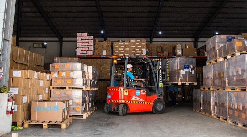 Emergency supplies for families affected by the Myanmar earthquake at a warehouse in Yangon. Photo Credit: UNICEF/Khine Zar Mon
