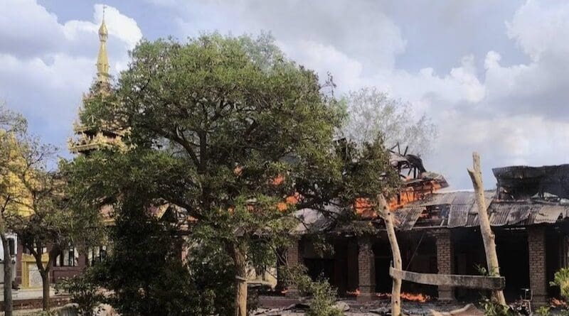 An airstrike in Mandalay region’s Kyundaunt village in Natogyi township in Myanmar on April 14, 2025, destroyed a monastery. (Natogyi Journal)