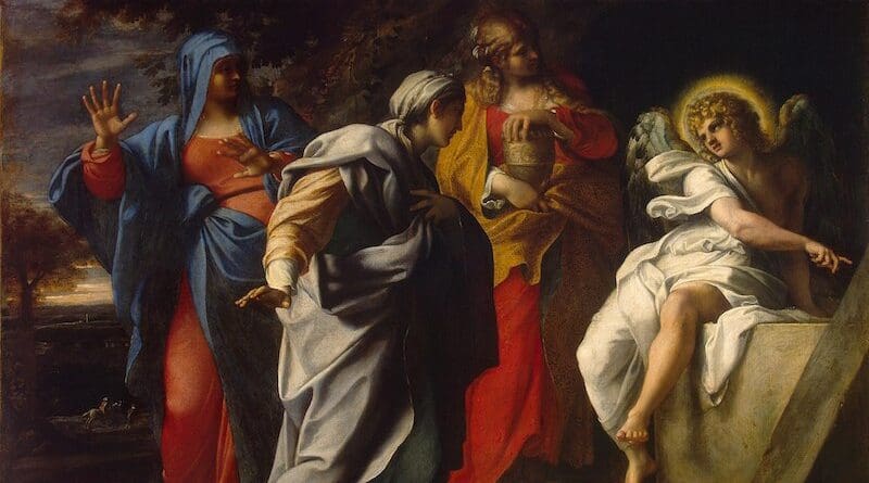 Detail of Holy Women at Christ's Tomb (c. 1590) by Annibale Carracci. In Matthew 28:1–10, Mary Magdalene and "the other Mary" encounter an angel at the tomb, who tells them that Christ has risen.