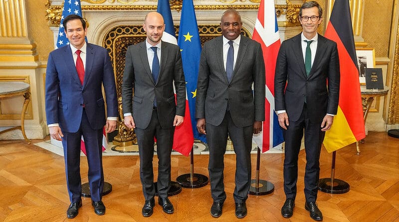 Secretary Marco Rubio participates in a meeting with E3 Foreign Ministers - France Foreign Minister Jean-Noel Barrot, Britain's Foreign Secretary David Lammy and Germany's Political Director of the Ministry of Foreign Affairs Günter Sautter at the Quai D'Orsay in Paris, France, April 17, 2025. (Official State Department photo by Freddie Everett)