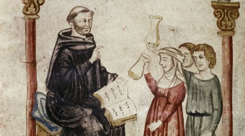 People showing a sample of urine to the physician Constantine the African. Credit: Unknown author, Bodleian Library, MS. Rawl. C. 328, fol. 3r, Wikimedia Commons