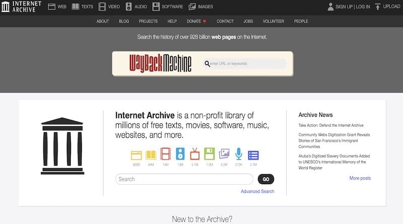 Screenshot of the Internet Archive