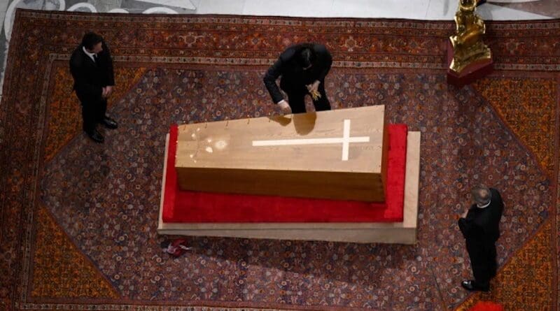 Pope Francis’ coffin is closed and sealed in St. Peter’s Basilica in a private ceremony on Friday evening, April 25, 2025, after more than 250,000 people paid their final respects to the late pope over three days of public visitation. | Credit: Vatican Media