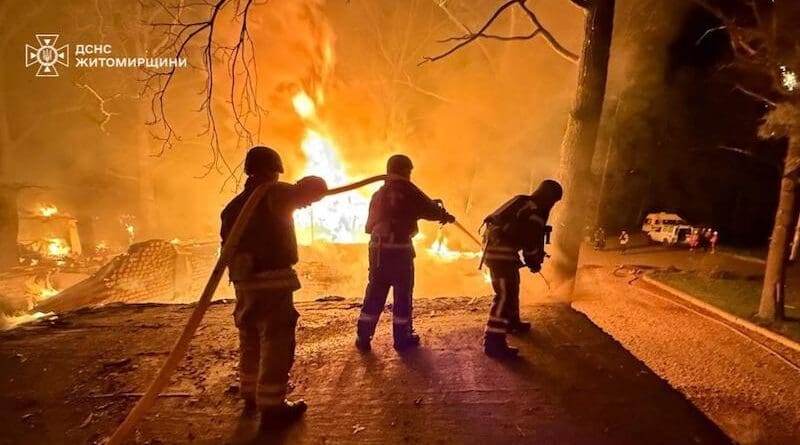 Firefighters clean up the aftermath of a Russian attack. Photo Credit: Ukraine Emergency Services