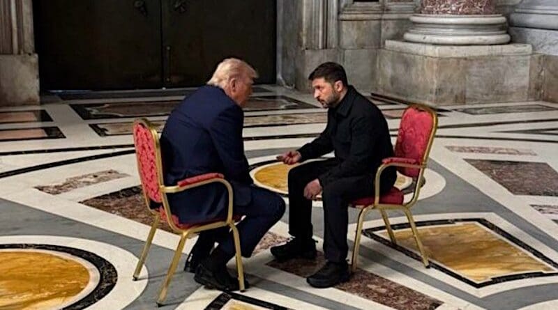 U.S. President Donald Trump and Ukrainian President Volodymyr Zelenskyy hold a one-on-one meeting at the Vatican prior to Pope Francis’ funeral, Saturday, April 26, 2025. Photo Credit: Ukraine Presidential Press Service