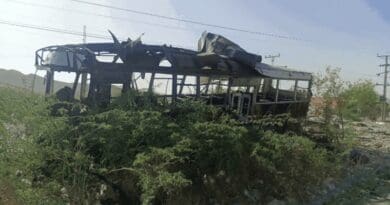 Damaged bus after terrorist attack in Khuzdar, Pakistan. Photo Credit: Al Jazeera, Wikipedia Commons