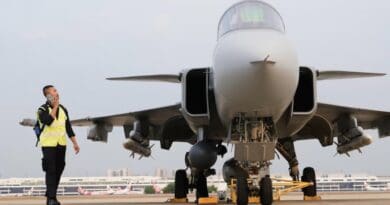 A JAS-39 Gripen armed with U.S. AMRAAM missiles is on display at Don Meaung Air Base on March 7, 2025. (Pimuk Rakkanam/RFA)