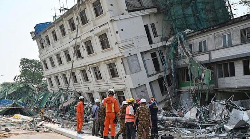 Rescue teams from China and Belarus coordinate efforts at the site of a collapsed building in Mandalay, Myanmar, on April 2, 2025, five days after the 2025 earthquake (CNN, 2025a). CREDIT: Umar Ahmad Noor, et al