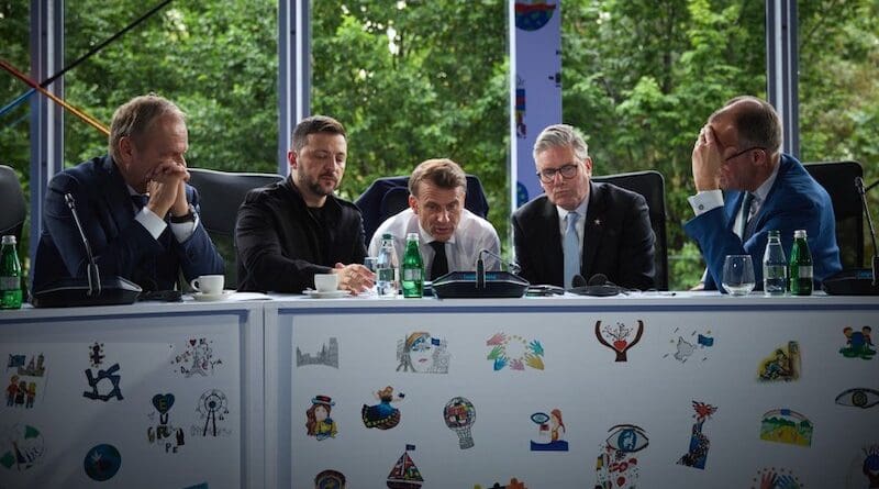 While attending the European Political Community Summit in Tirana, Ukrainian President Volodymyr Zelenskyy, French President Emmanuel Macron, UK Prime Minister Keir Starmer, German Federal Chancellor Friedrich Merz, and Polish Prime Minister Donald Tusk hold a phone call with U.S. President Donald Trump. Photo Credit: Ukraine Presidential Press Service