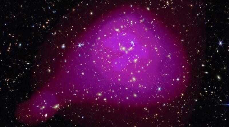 A galaxy cluster over 6 billion light years away. Peering back in time to when the universe was younger than the Earth is now, the images span the period from around twelve billion years ago until one billion years ago. CREDIT ESA/Webb, NASA & CSA, G. Gozaliasl, A. Koekemoer, M. Franco, and the COSMOS-Web team