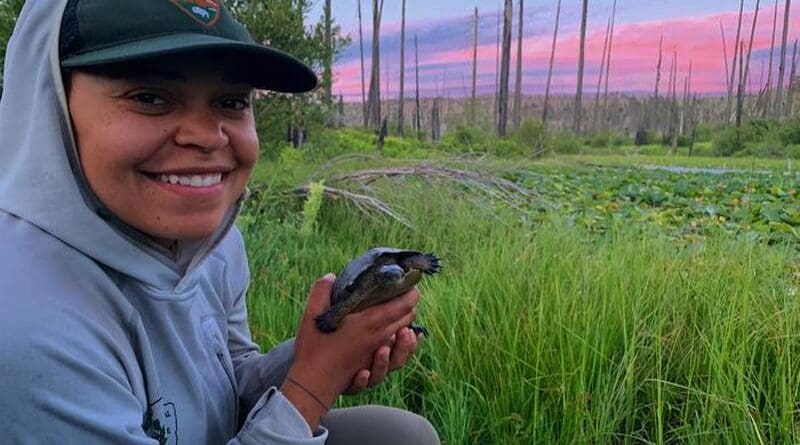 Sidney Woodruff of UC Davis holds a northwestern pond turtle at their field site in Yosemite. CREDIT: Courtesy Sidney Woodruff
