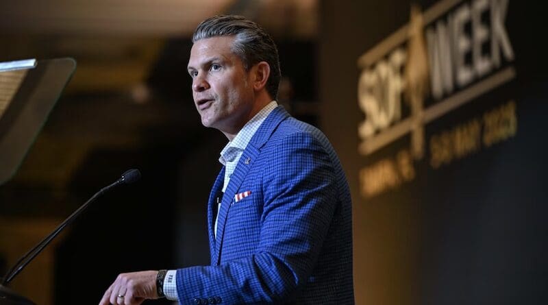 Defense Secretary Pete Hegseth provides a keynote speech during the kickoff of Special Operations Forces Week 2025 in Tampa Bay, Fla., May 6, 2025. Photo Credit: Air Force Tech. Sgt. Marleah Miller