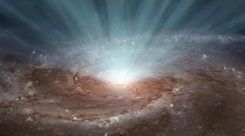 Supermassive black holes at the centers of galaxies emit radiation and ultra-fast winds into space. Here is an artistic interpretation. CREDIT Illustration: NASA, JPL-Caltech