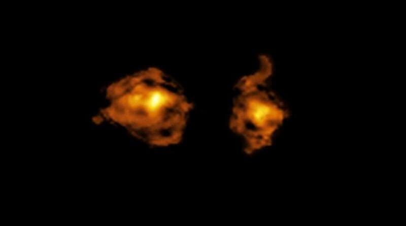 This image, taken with the Atacama Large Millimeter/submillimeter Array (ALMA), shows the molecular gas content of two galaxies involved in a cosmic collision. The one on the right hosts a quasar –– a supermassive black hole that is accreting material from its surroundings and releasing intense radiation directly into the other galaxy. Credit: ALMA (ESO/NAOJ/NRAO)/S. Balashev and P. Noterdaeme et al.