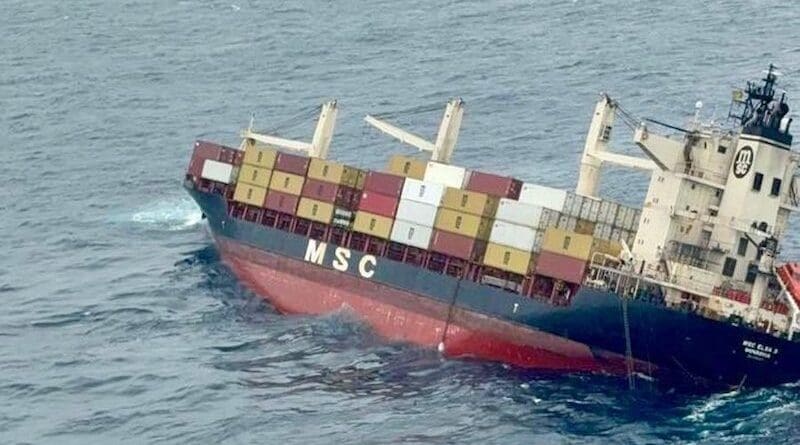 Liberian-flagged containership MSC ELSA 3 with a severe list. Photo Credit: Indian Coast Guard