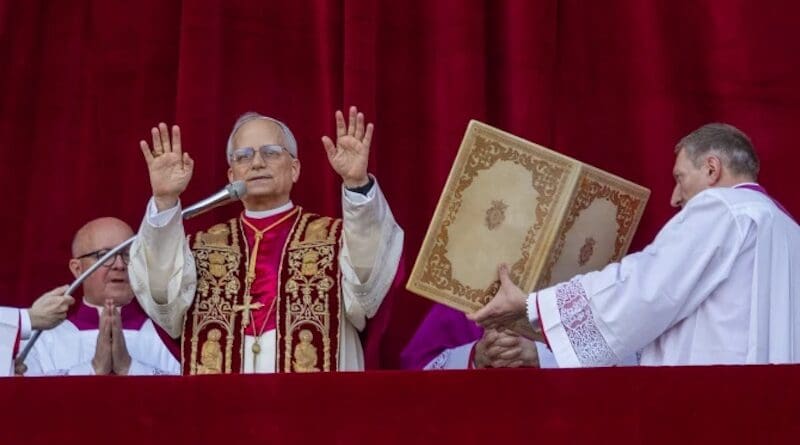 Pope Leo XIV greets the faithful in St. Peter's Square shortly after his election to the papacy, Thursday, May 8, 2025. | Credit: Daniel Ibáñez/CNA