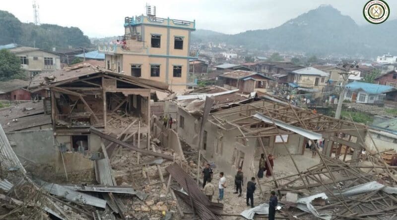 Junta airstrikes destroyed houses in Mogok town, Mandalay region on May 2, 2025. (TNLA/Palaung State Liberation Front)