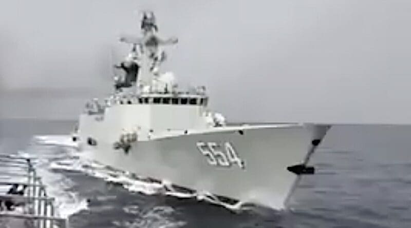 Chinese Navy’s Jiangkai II-class frigate with bow No. 554 dangerously tails the Philippines’ BRP Emilio Jacinto on May 5. Photo Credit: Screenshot of video from BRP Emilio Jacinto, Armed Forces of the Philippines