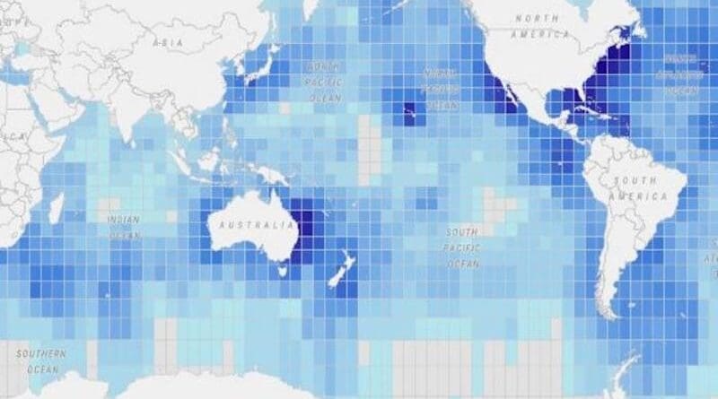Each square on the MiCO map contains information on the species which move through that part of the ocean. CREDIT: UQ
