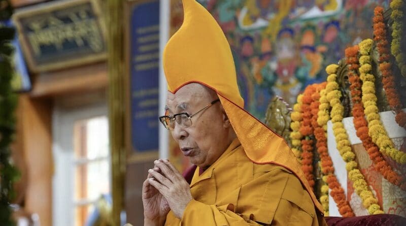 The Dalai Lama attends a Long Life Prayer Offering to him by the Tibetan community at the Main Tibetan Temple in Dharamsala, India, June 4, 2025. (Tenzin Woser/RFA Tibetan)