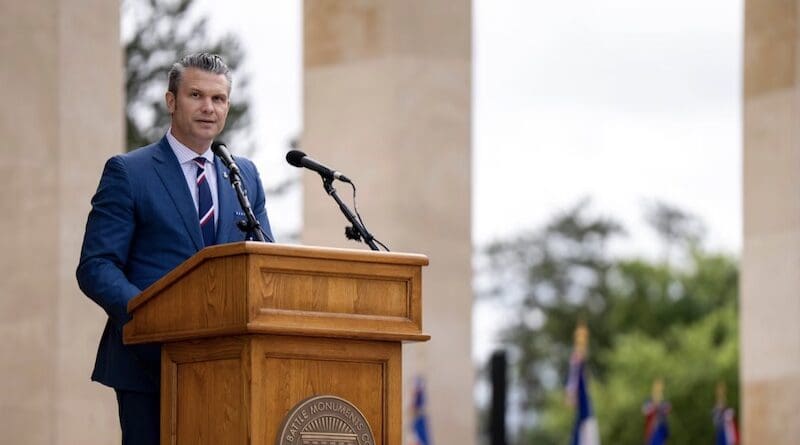 Defense Secretary Pete Hegseth delivers remarks at Normandy American Cemetery, France, June 6, 2025. Photo Credit: Navy Petty Officer 1st Class Alexander Kubitza