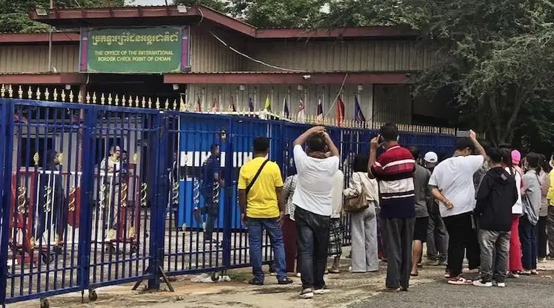 In this image released by the Buriram, Thailand, provincial office on June 23, 2025, shows people unable to cross from the Thai side into Cambodia at Chong Sa Ngam border crossing. (Buriram Provincial Office via Facebook)
