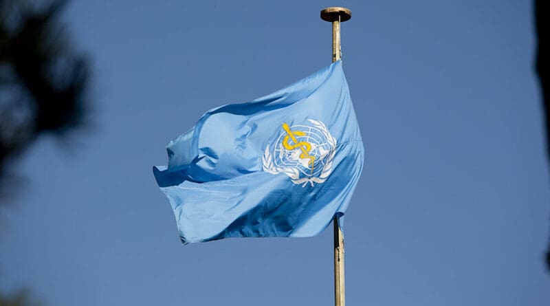 World Health Organization flag. Photo Credit: Flickr, U.S. Mission Photo by Eric Bridiers