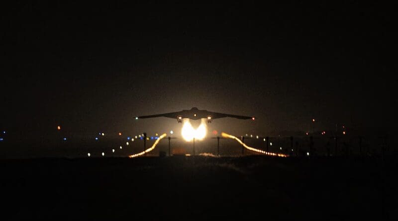 An Air Force B-2 Spirit takes off at Whiteman Air Force Base, Mo., in support of Operation Midnight Hammer, June 21, 2025. Photo Credit: DOD