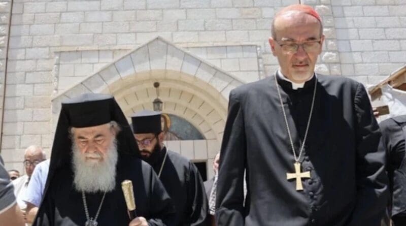 The Latin Patriarch of Jerusalem, Cardinal Pierbattista Pizzaballa, and Greek Orthodox Patriarch Theophilos III, leave the church after a visit to Holy Family Parish in Gaza on July 18, 2025. | Credit: Caritas Jerusalem