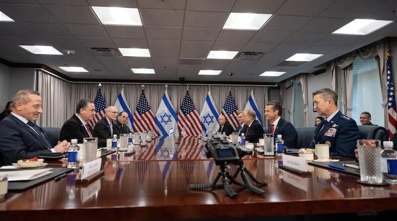 Defense Secretary Pete Hegseth holds a bilateral exchange with Israel Defense Minister Israel Katz at the Pentagon, July 18, 2025. Photo Credit: Army Staff Sgt. Noel Diaz, DOD