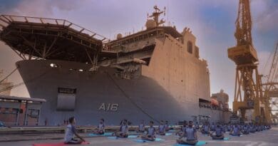 INS Nistar personnel performing yoga. Photo Credit: Shashpant, Wikipedia Commons India Navy