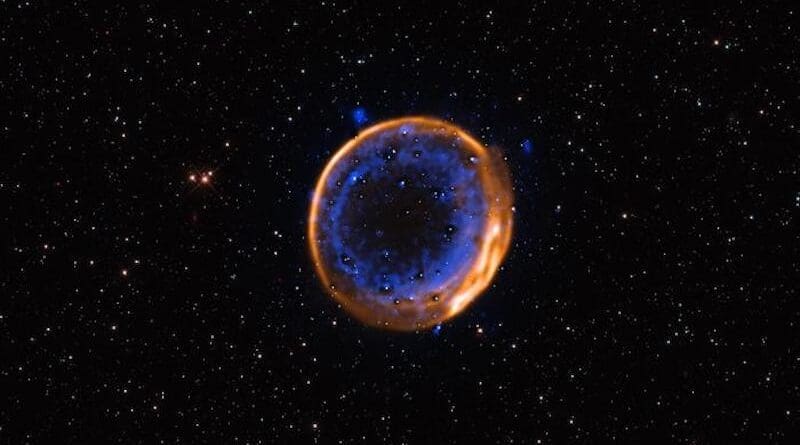 This image, taken with ESO’s Very Large Telescope (VLT), shows the supernova remnant SNR 0509-67.5. These are the expanding remains of a star that exploded hundreds of years ago in a double-detonation – the first photographic evidence that stars can die with two blasts. Credit: ESO/P. Das et al. Background stars (Hubble): K. Noll et al.