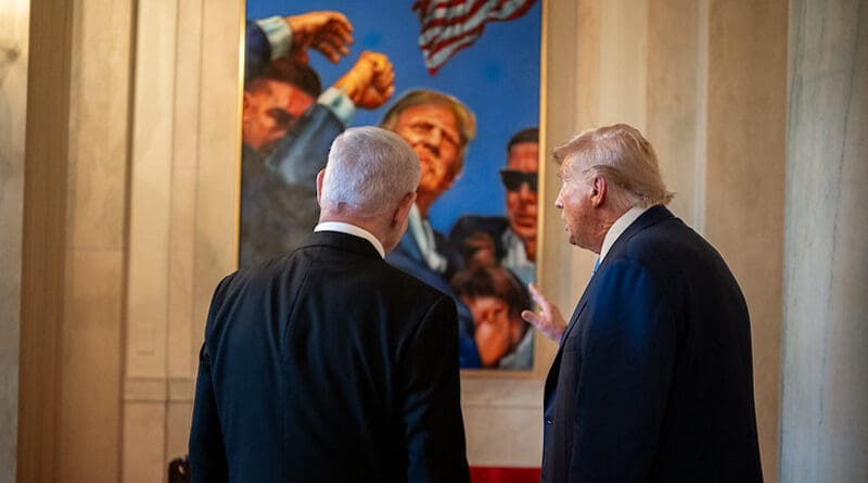 President Donald Trump and Israeli Prime Minister Benjamin Netanyahu speak before a dinner in the Blue Room, Monday, July 7, 2025, at the White House. (Official White House Photo by Daniel Torok)