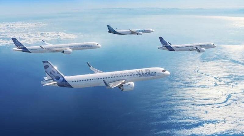 Four Airbus aircraft in flight, including an A220-300, A321XLR, A330-900 and A350-1000. CREDIT: Airbus SAS 2024