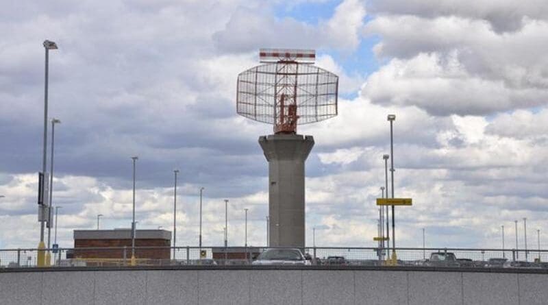 Radar systems used by civilian airports (like this at Heathrow) and military operations are inadvertently revealing our existence to potential advanced alien civilisations because of the hidden electromagnetic leakage they emit. CREDIT: Mick Lobb / Radar scanner - Heathrow