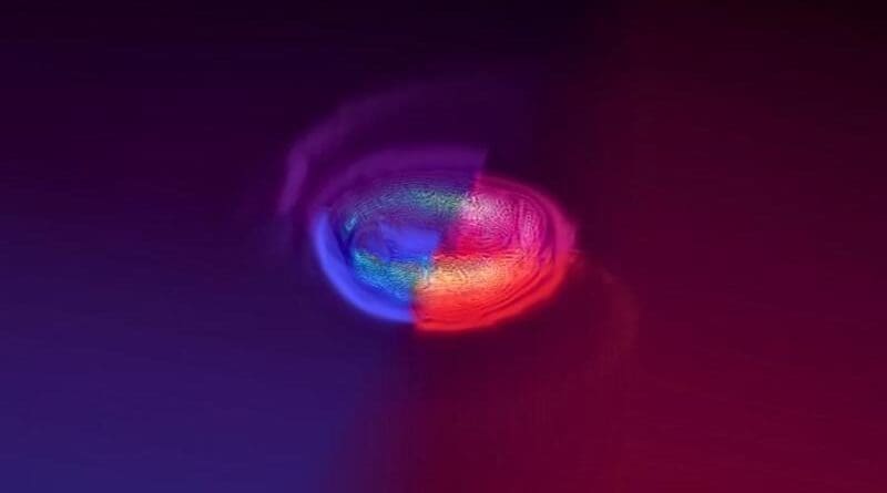 New simulations of neutron star mergers reveal that the mixing and changing of tiny particles called neutrinos impacts how the merger unfolds, including the composition and structure of the merger remnant as well as the resulting emissions. This image depicts the density of neutrinos within the remnant as varying textures, and the colors represent energy densities of different neutrino flavors. CREDIT: David Radice research group / Penn State