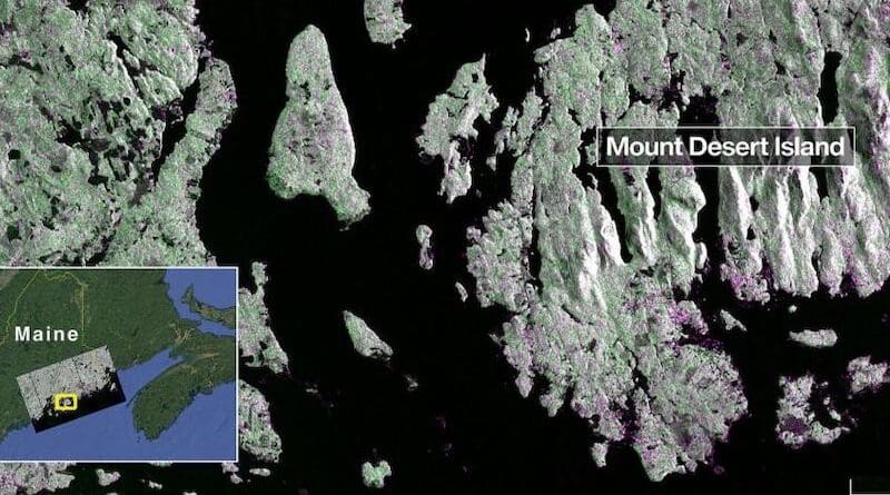 Captured on Aug. 21, this image from NISAR’s L-band radar shows Maine’s Mount Desert Island. Green indicates forest; magenta represents hard or regular surfaces, like bare ground and buildings. The magenta area on the island’s northeast end is the town of Bar Harbor. Credit: NASA/JPL-Caltech